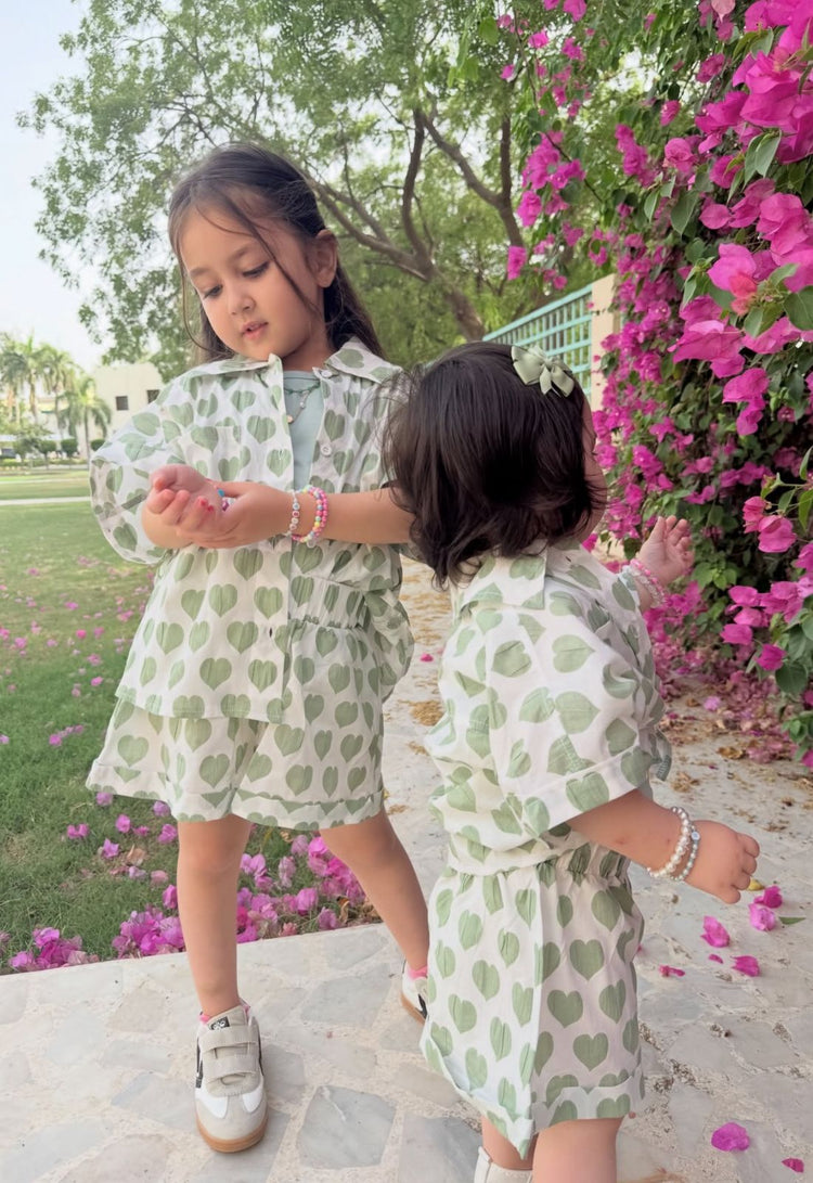 Mint green Hearts shorts set